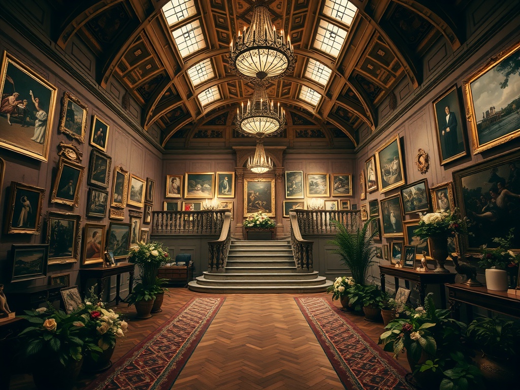 Interior of a museum featuring paintings, a grand staircase, and chandeliers.