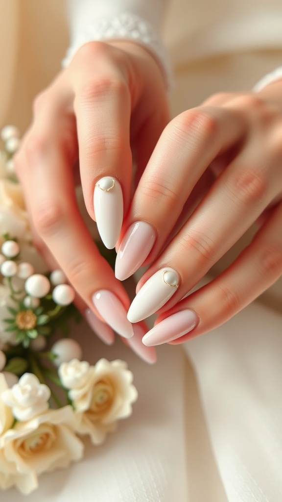 Artistic negative space nails featuring white and soft pink shades with pearl accents, styled for a wedding.