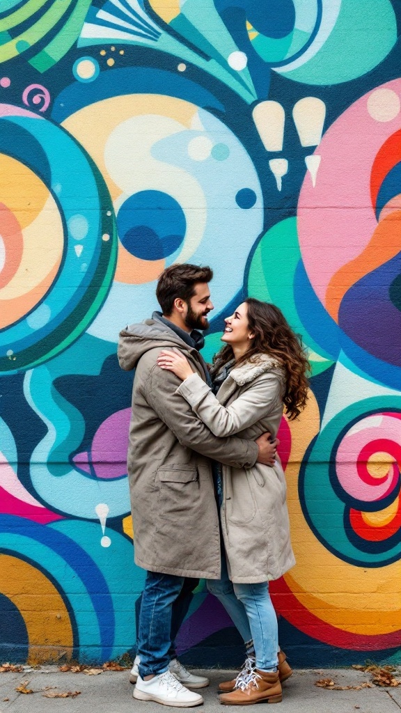 Couple embracing in front of a colorful mural