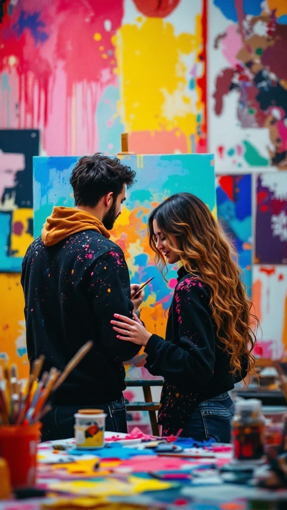 A couple painting together in an artistic studio, surrounded by colorful paint splashes and canvases.