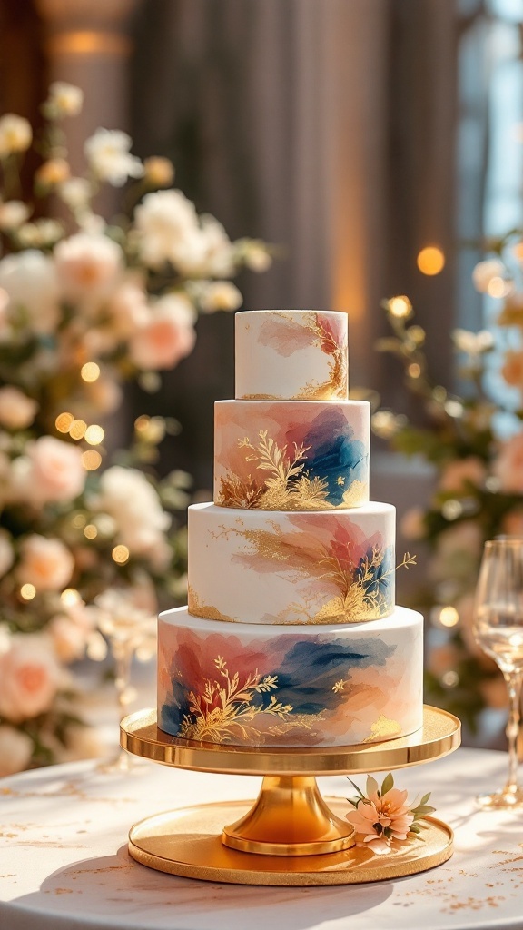 A luxurious 4-tier wedding cake with watercolor designs in pink and blue, accented with gold, displayed elegantly.