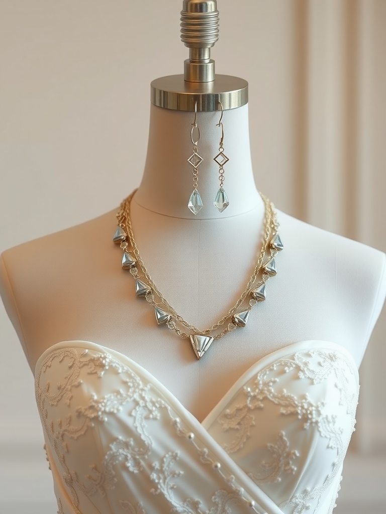 Close-up of a wedding dress with an asymmetrical neckline, featuring earrings and a layered necklace.