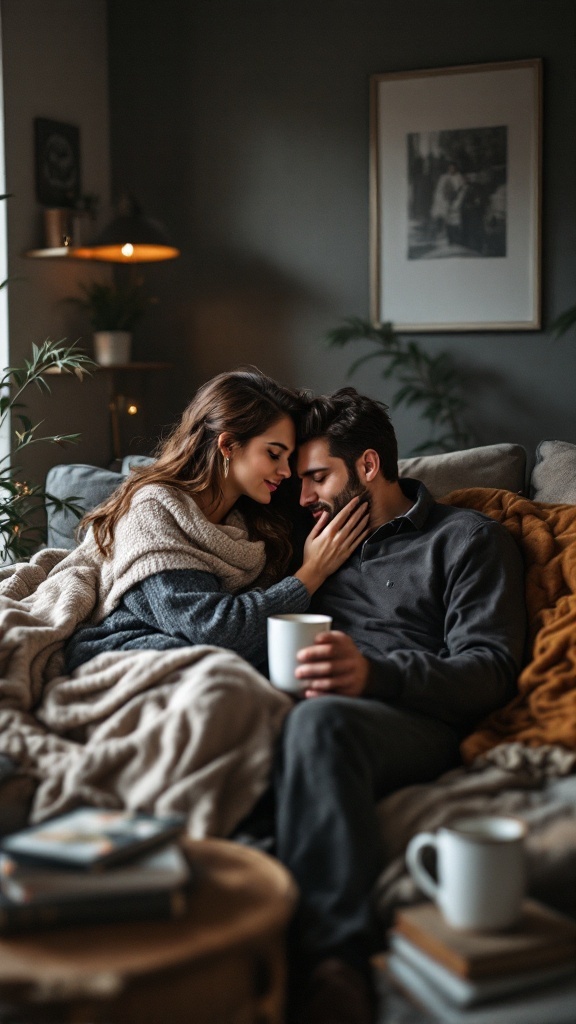 A couple cozy at home, cuddling on a couch with blankets and mugs, showcasing a warm and intimate moment.