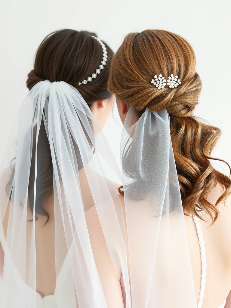 Two brides with different hairstyles featuring a veil and hair accessories.
