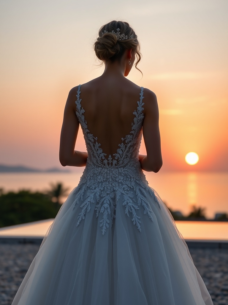 Bride in backless gown at sunset
