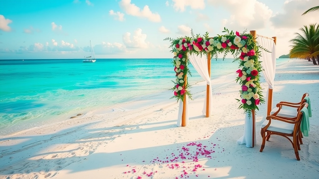 A wedding setup on a beach in the Bahamas with a floral arch and ocean in the background.