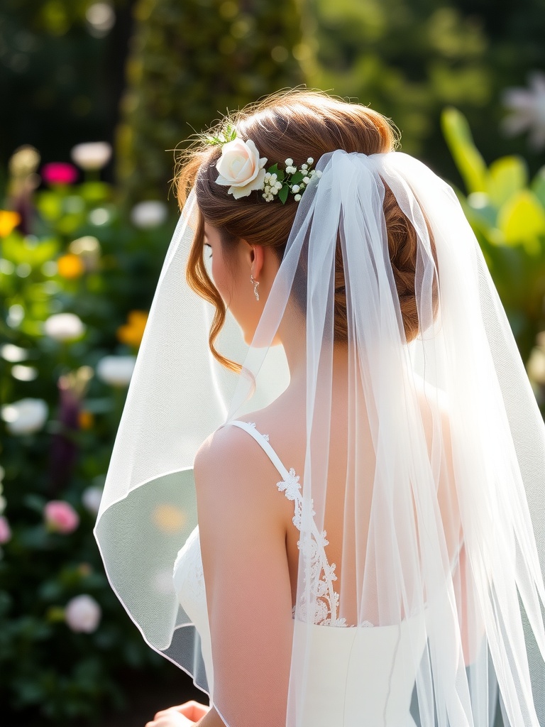 A bride from behind wearing a delicate veil and a floral hair accessory