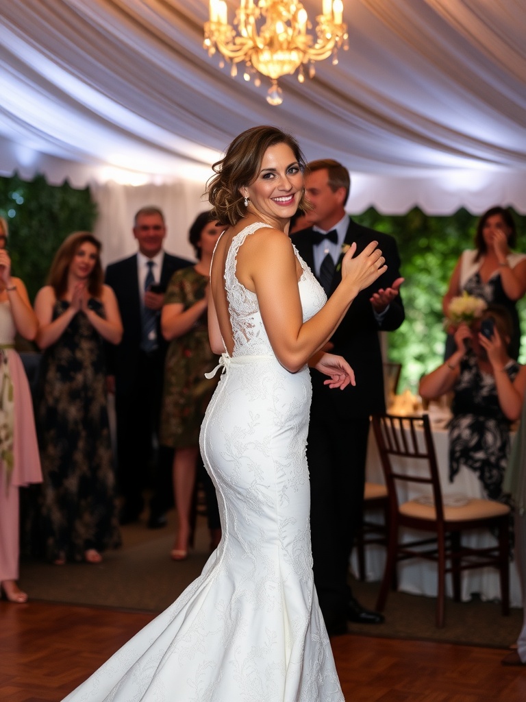 A bride in a fit and flare wedding dress smiling and dancing at her wedding reception