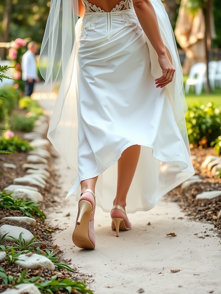 A bride walking in a garden pathway wearing stylish bridal shoes.