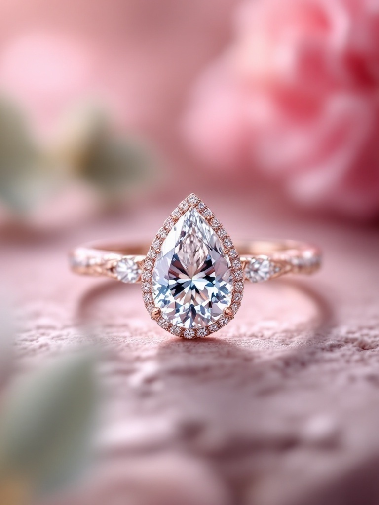 A stunning pear-shaped engagement ring with a diamond and rose gold band, symbolizing elegance and whimsy.