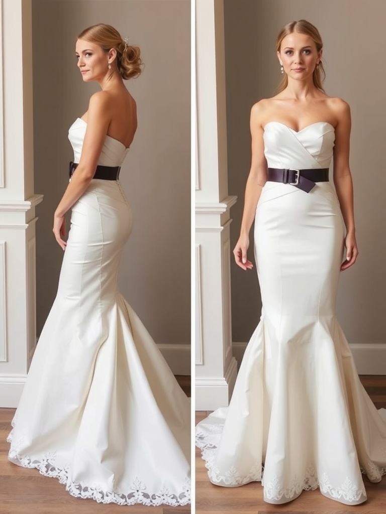 A bridal gown with embellishments and a satin sash at the waist.