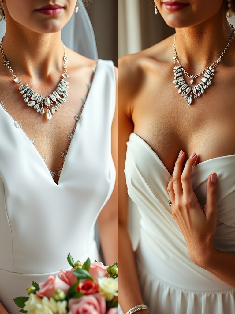 Bridal jewelry featuring statement and delicate pieces against two different wedding dress necklines.