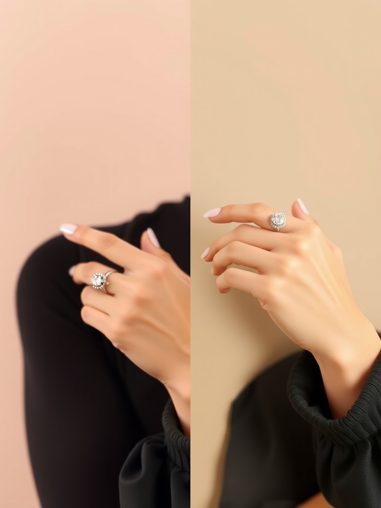 A close-up view of two engagement rings; one oval and one round, displayed on different hands.