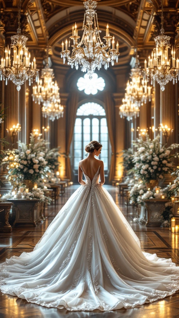 A stunning ball gown wedding dress with intricate lace detailing, perfect for curvy brides.