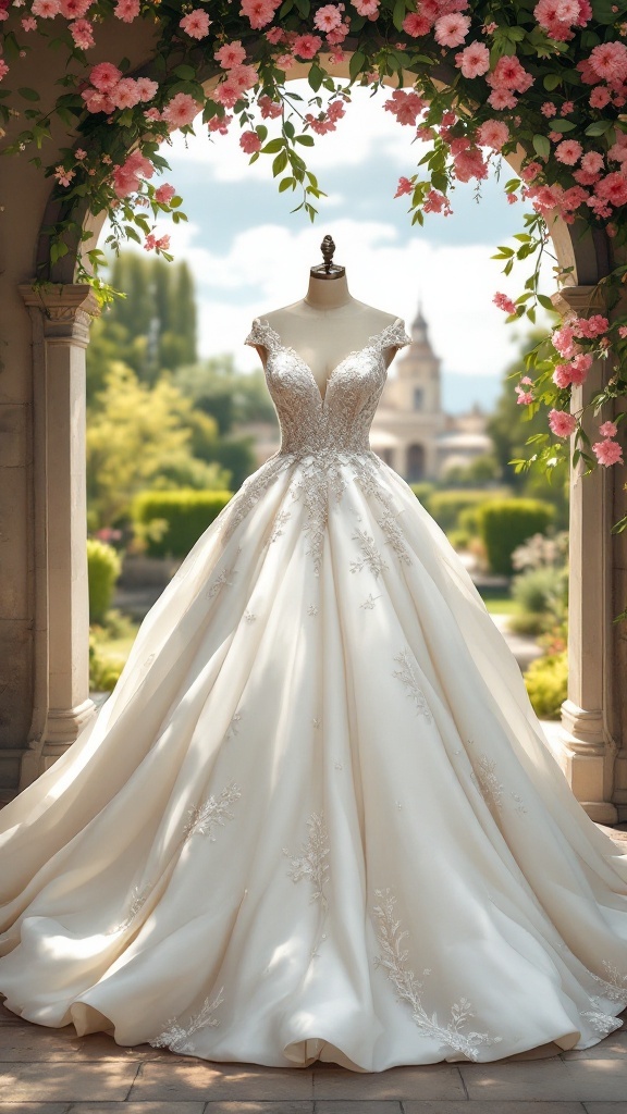 A beautiful ball gown wedding dress with intricate embroidery and a full skirt, perfect for curvy brides.