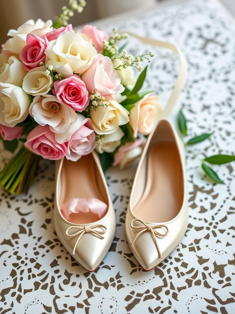 Elegant ballet flats paired with a beautiful bouquet of roses on a lace surface.