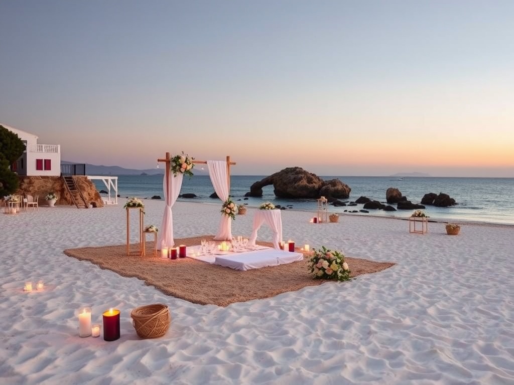 Beachfront wedding setup in Mallorca with decorations and ocean view.