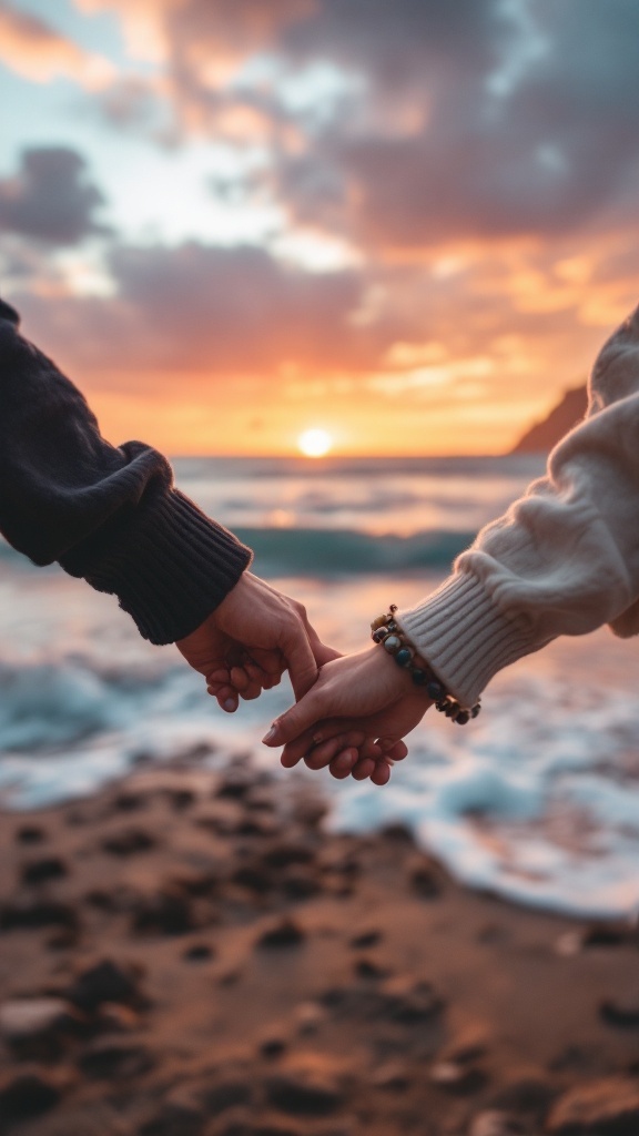 A romantic beach scene featuring two hands holding each other against a colorful sunset.