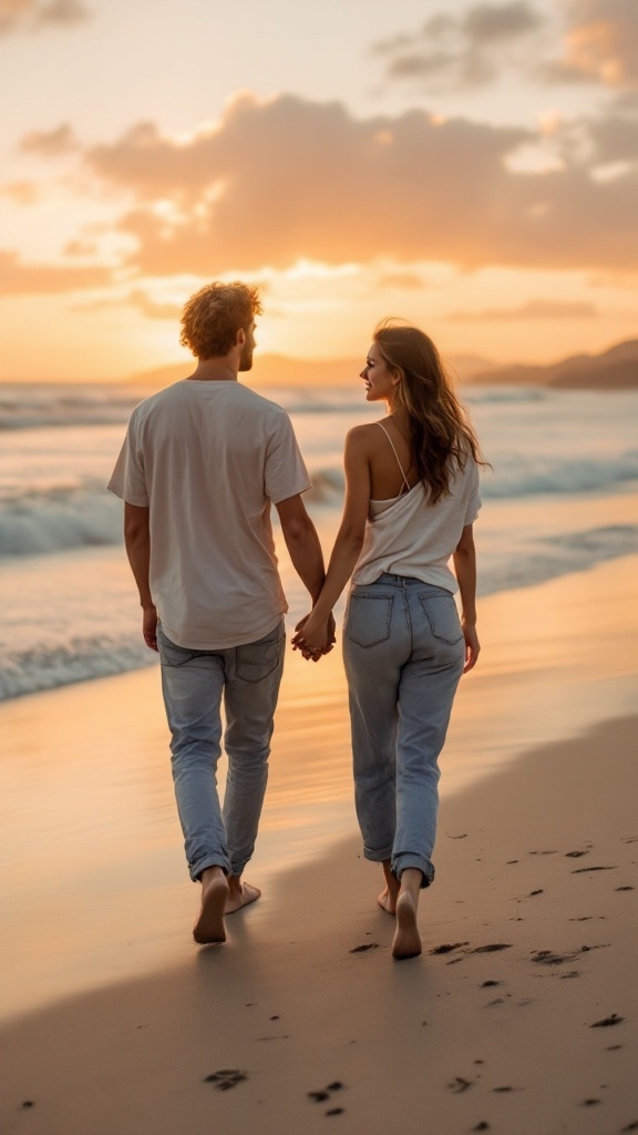 Couple walking hand in hand on the beach during sunset