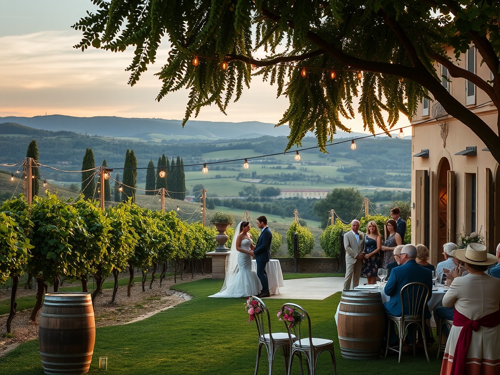 A beautiful vineyard wedding ceremony in Bordeaux, featuring a couple exchanging vows with guests seated in an outdoor setting surrounded by grapevines.