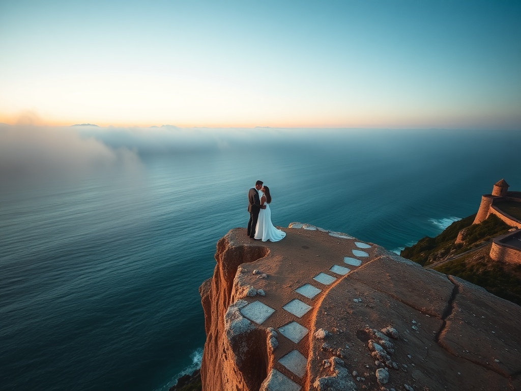 A couple embracing on a cliff overlooking the ocean in Algarve, Portugal.