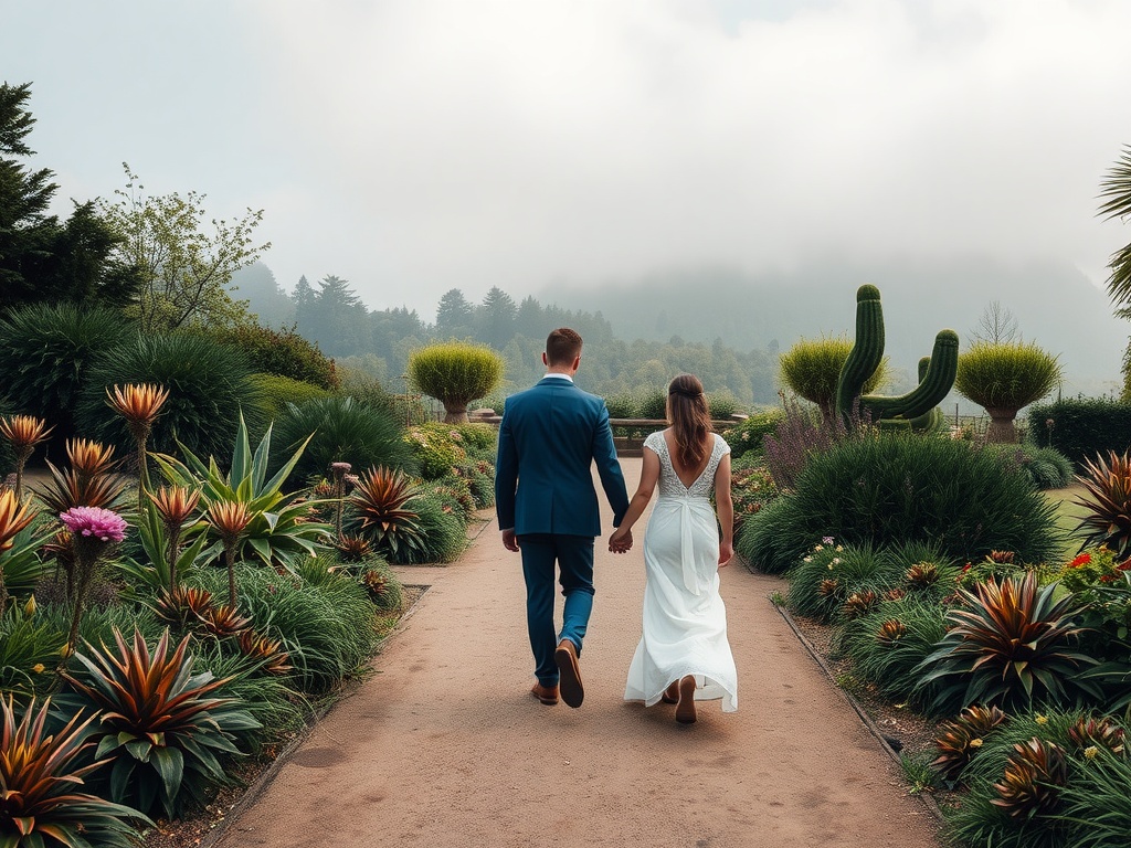 Couple holding hands walking through the lush and colorful gardens of Kew, England.