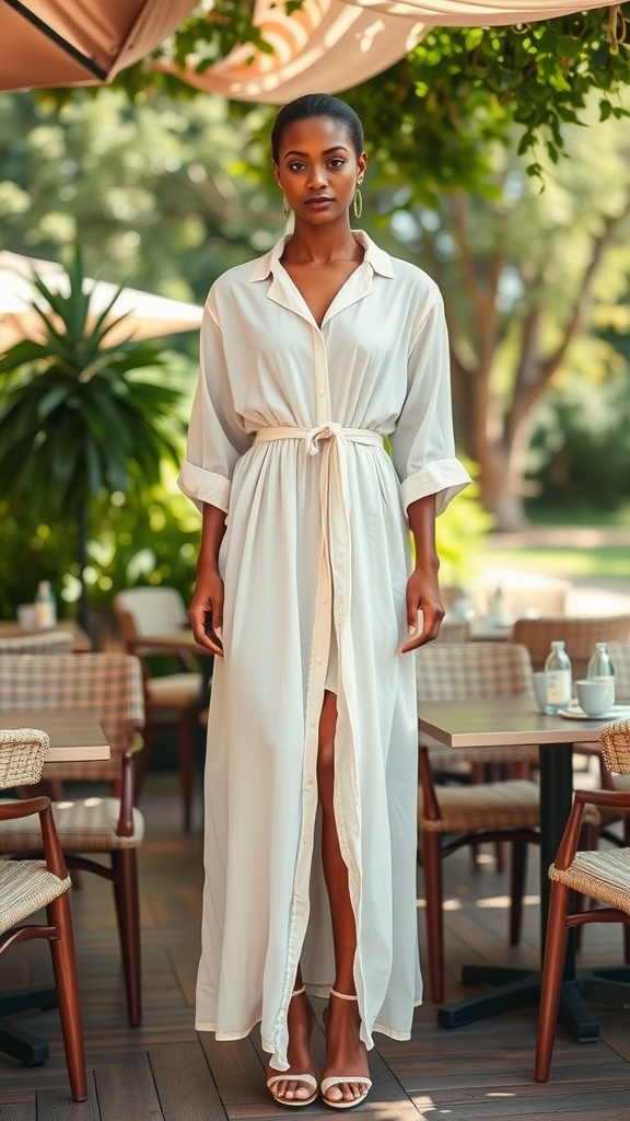 A woman wearing a belted shirt dress in light fabric, perfect for summer weddings.