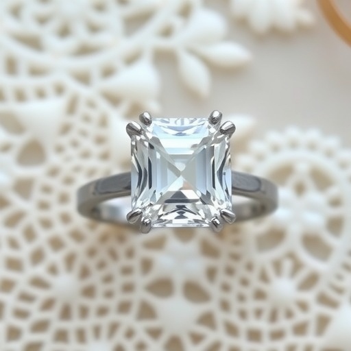 An elegant Asscher cut engagement ring displayed on a lace background