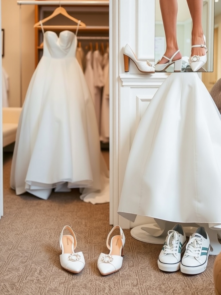 A beautiful wedding dress with block heels and sneakers displayed, representing options for bridal footwear.