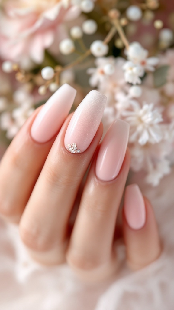 Blush to rose gold ombre wedding nails with a floral accent