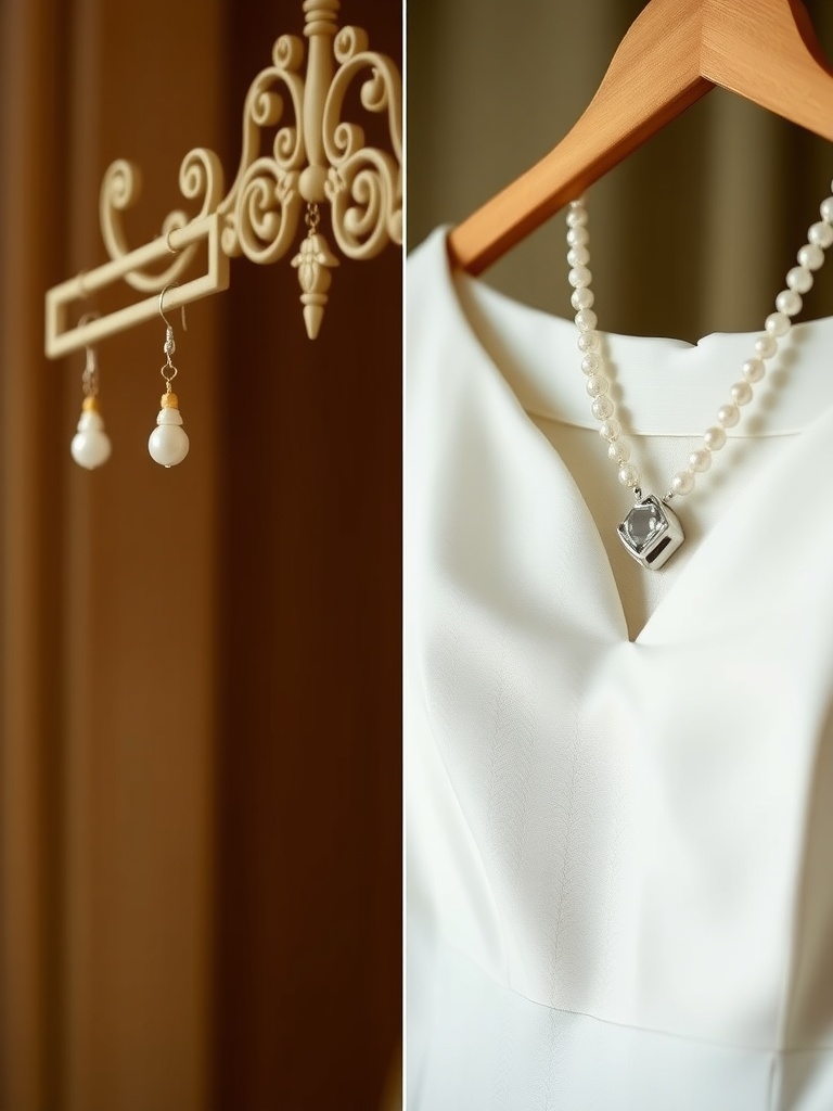 A set of earrings and a pearl necklace displayed alongside a white boat neckline dress.