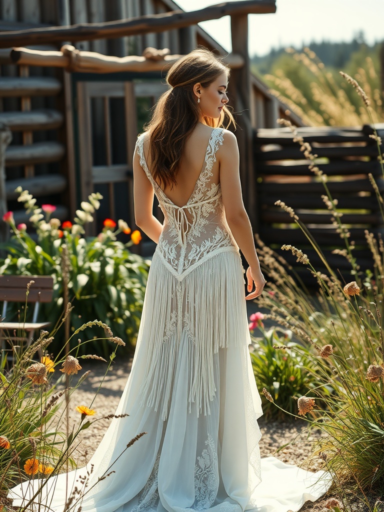 A woman in a bohemian-inspired wedding dress with intricate lace and fringe details, showcasing a backless design in a summer outdoor setting.