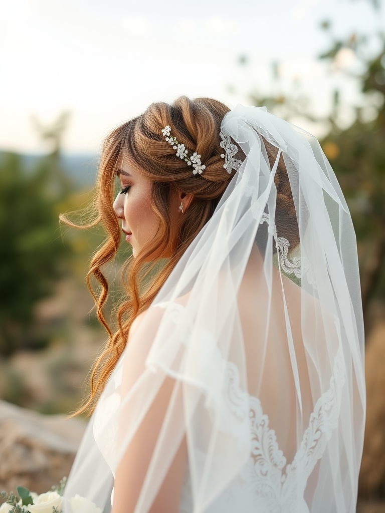 Bride with loose hair and a veil, styled with floral accents.