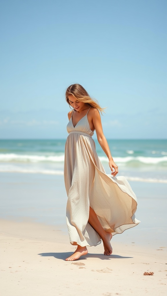 A woman in a flowing bohemian maxi dress walking on the beach