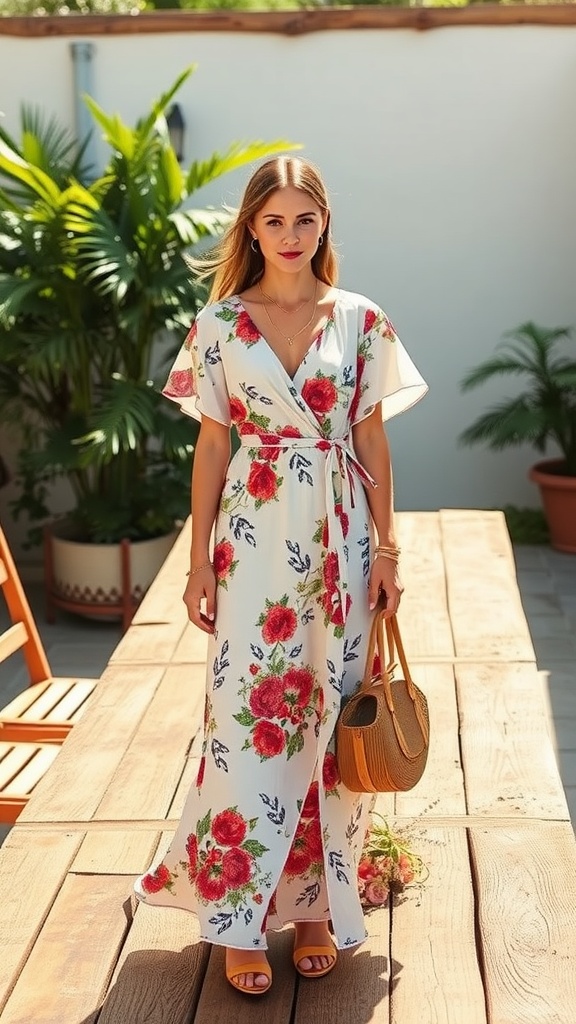 A woman in a floral bohemian wrap dress standing outdoors, showcasing summer wedding guest fashion.