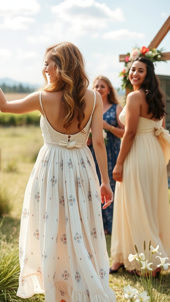 Three women wearing stylish bohemian dresses in a summer wedding setting.
