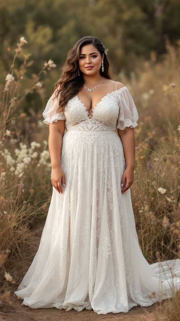 A curvy bride in a bohemian-style wedding dress with a deep V-neckline and billowy sleeves, surrounded by natural scenery.