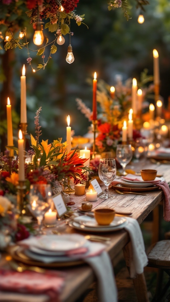 A beautifully decorated wedding table featuring candles, flowers, and colorful textiles creating a bohemian vibe.