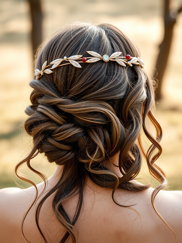 Close-up of a chic beaded headband on a woman's hair, styled in loose curls.