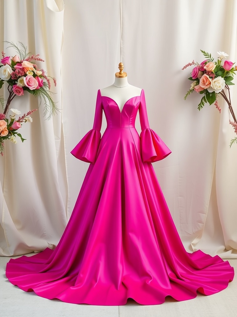 A vibrant pink wedding dress with bell sleeves displayed elegantly among floral arrangements.