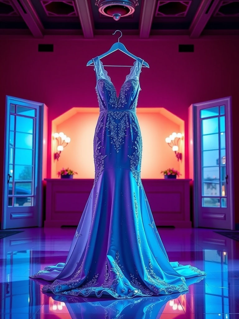 A stunning sequin bridal gown displayed in a colorful, elegant setting