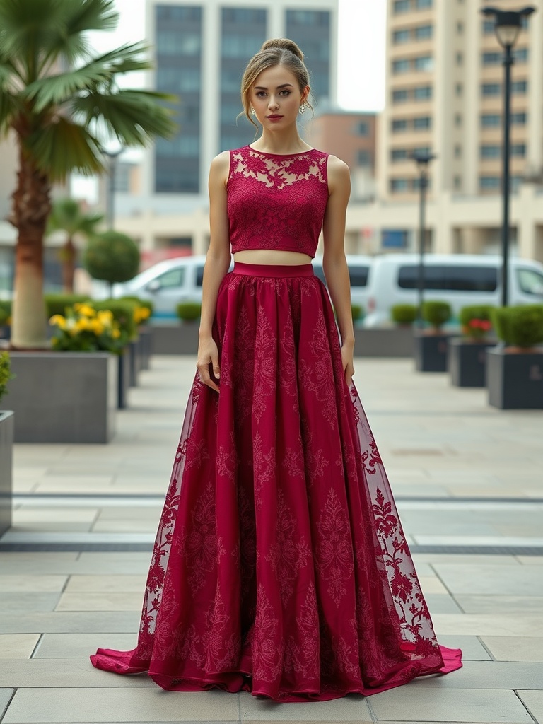 Model wearing a red two-piece wedding dress with a lace crop top and flowy skirt.