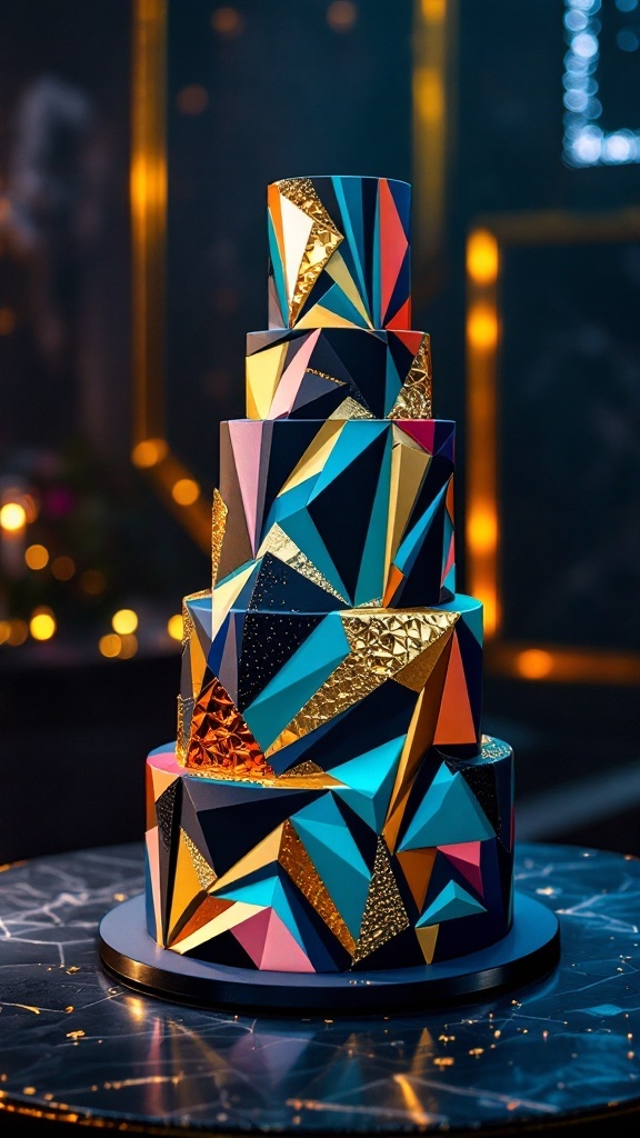 A luxurious wedding cake featuring bold geometric shapes, vibrant colors, and gold accents.
