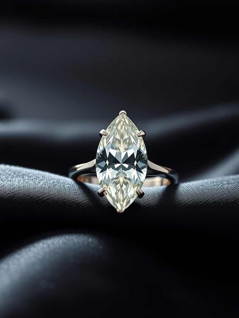 A marquise cut diamond engagement ring sitting on a black satin fabric.