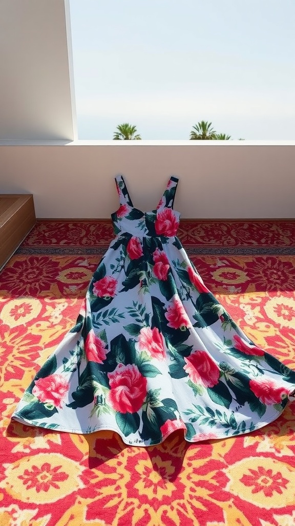 Floral dress displayed on a colorful rug with a bright background
