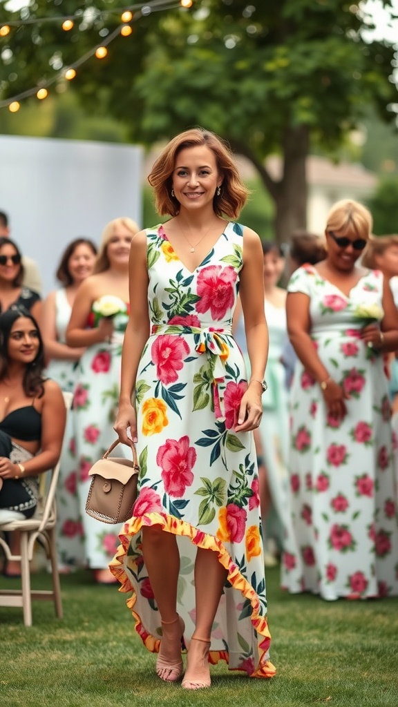 A woman in a floral dress walking confidently at a summer wedding, surrounded by guests wearing similar dresses.