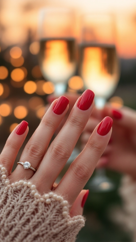 A hand with bold red nails showcasing an engagement ring, with champagne glasses in the background.
