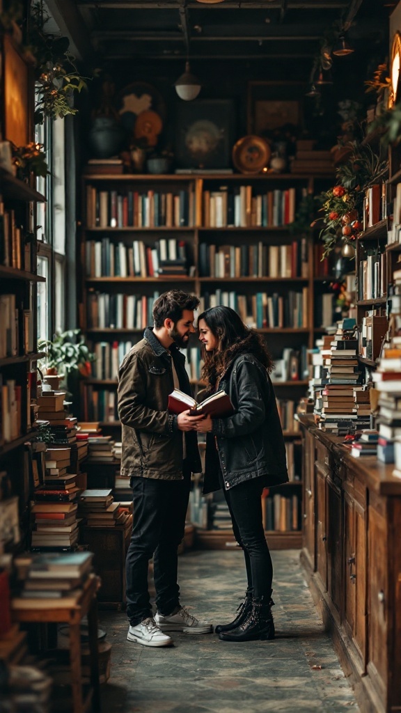 A couple sharing a romantic moment in a bookstore, surrounded by shelves of books.