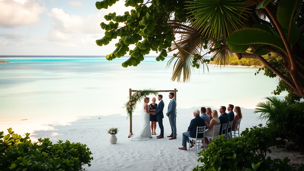 A couple getting married on a beach in Bora Bora, surrounded by palm trees and a calm sea.