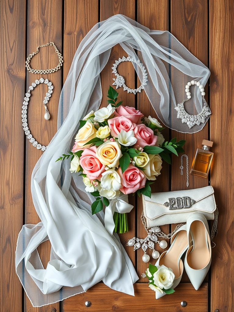 A bridal bouquet with pink and white roses, accompanied by jewelry, a veil, a clutch, and shoes on a wooden surface.